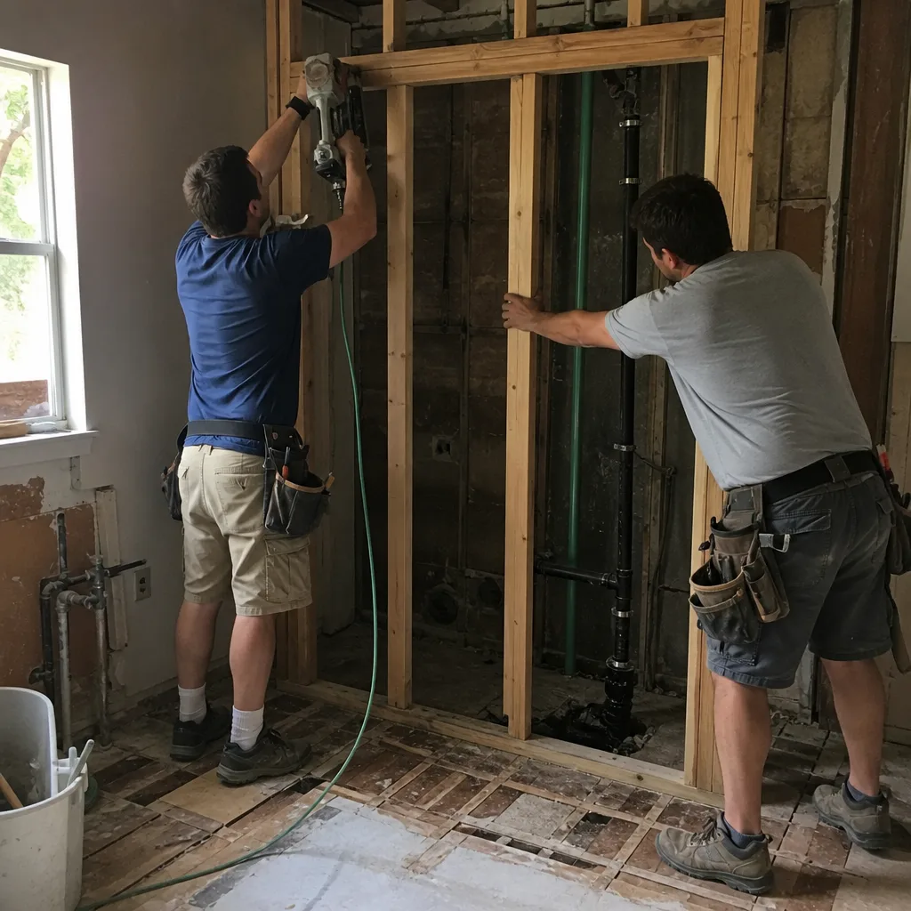 Two contractors framing a wall during a residential bathroom remodeling project