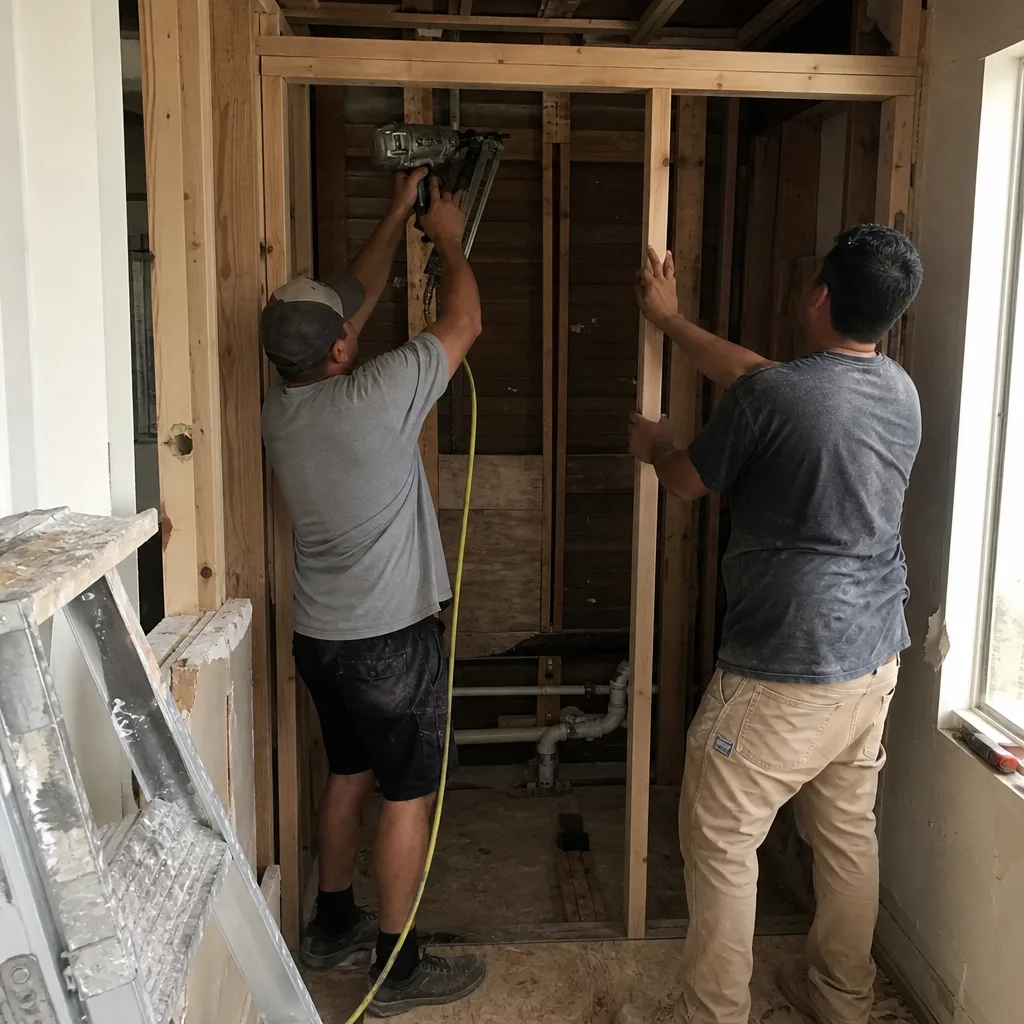 Two contractors framing a new bathroom wall during a home remodel