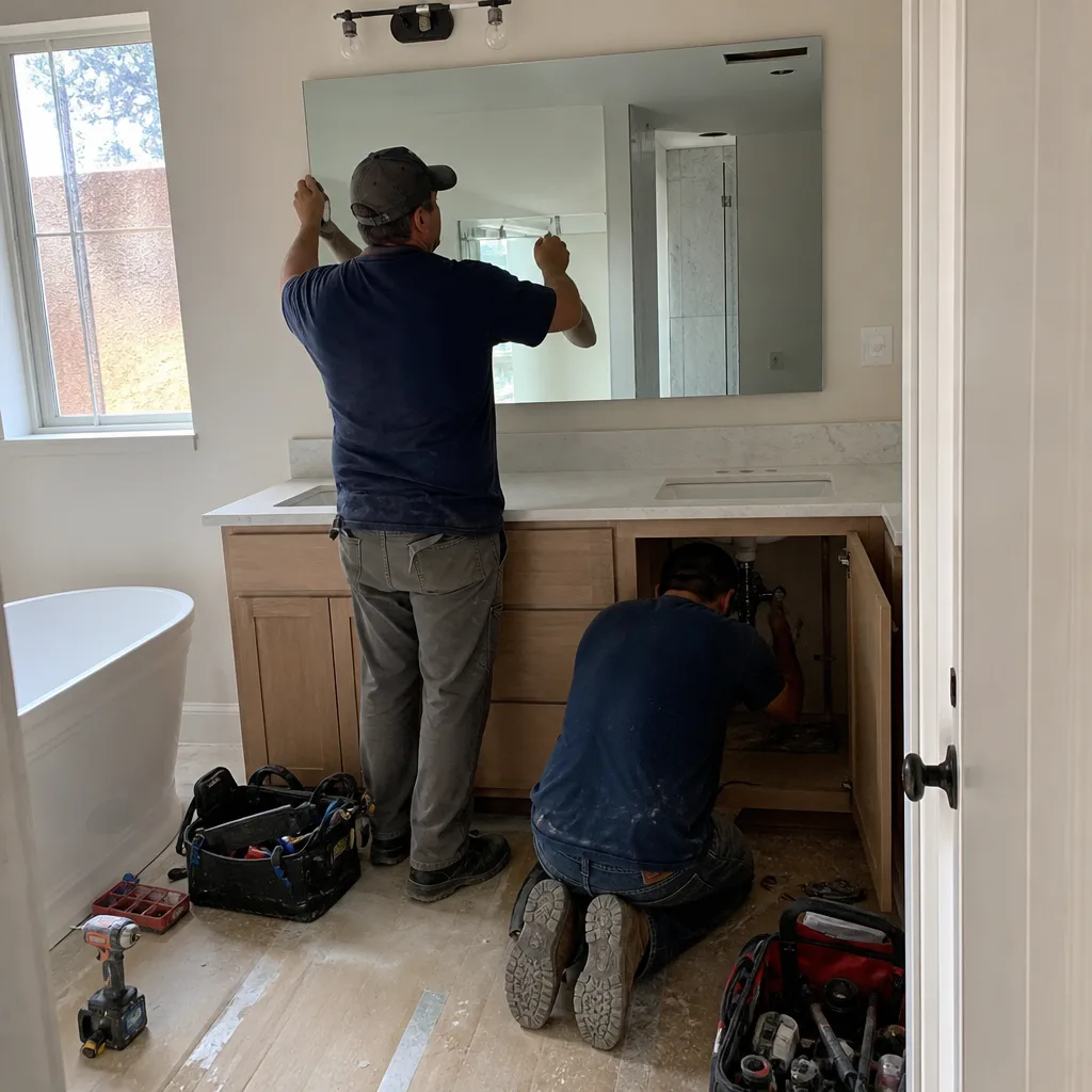 Two professional contractors performing a high-quality bathroom remodeling installation project.