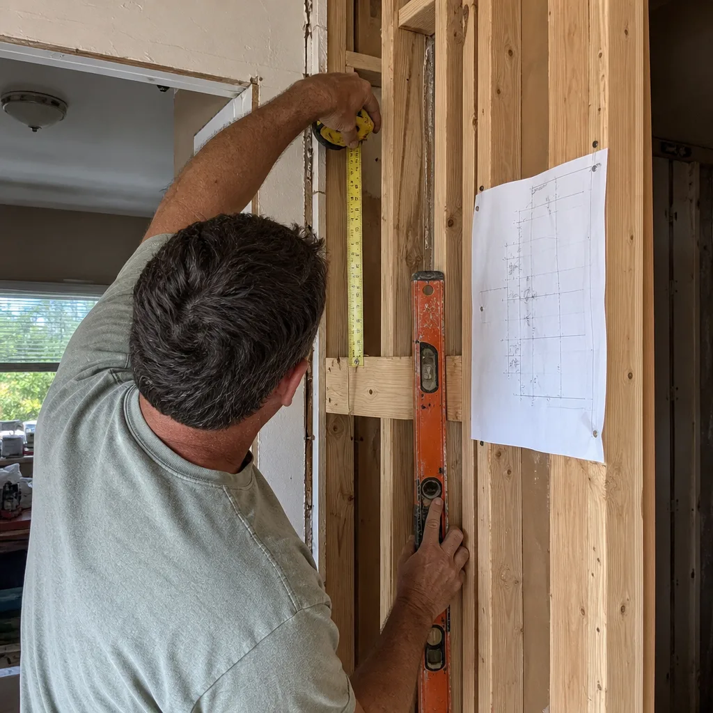 General contractor measuring and leveling wood wall studs during home construction