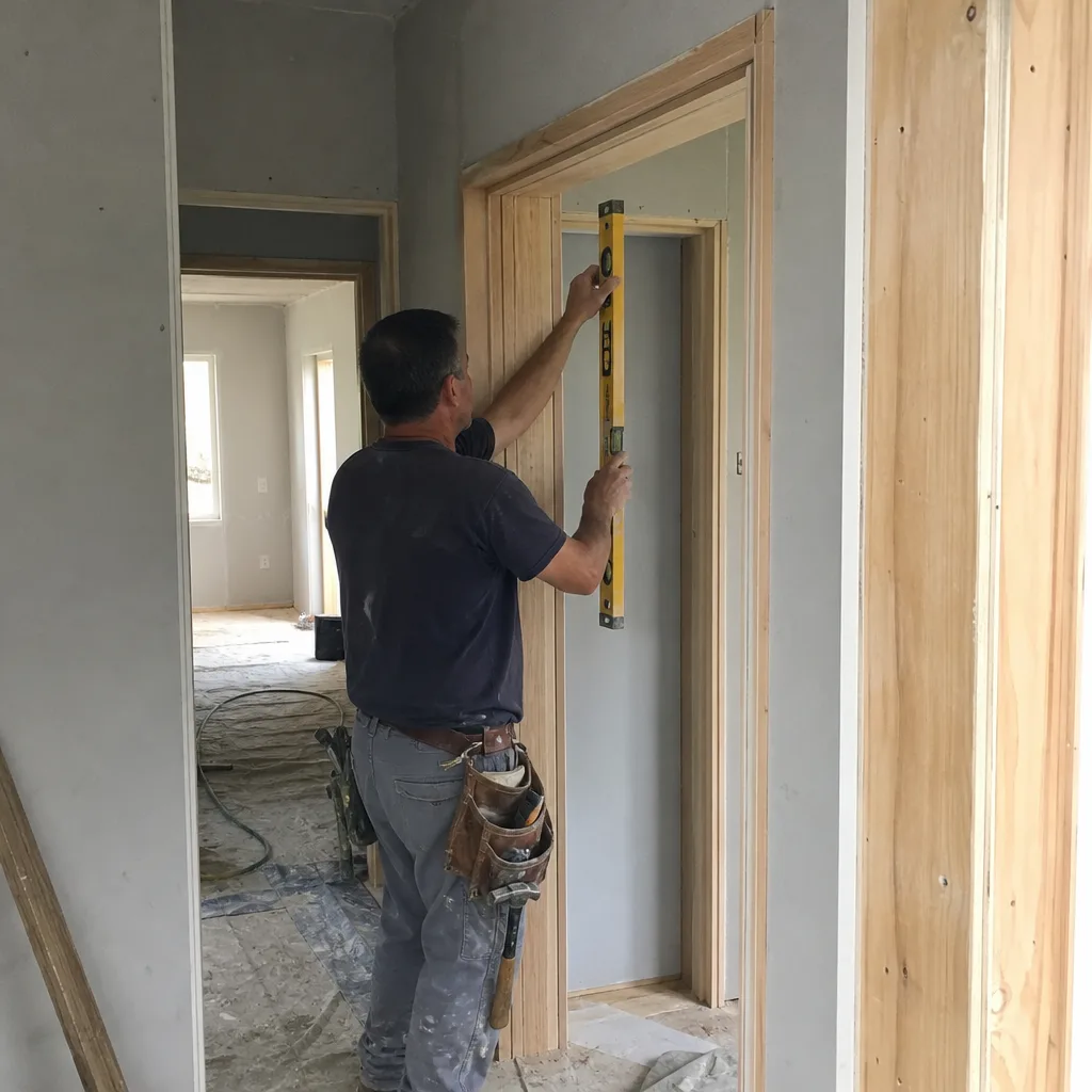 Contractor using a level to install a wooden door frame