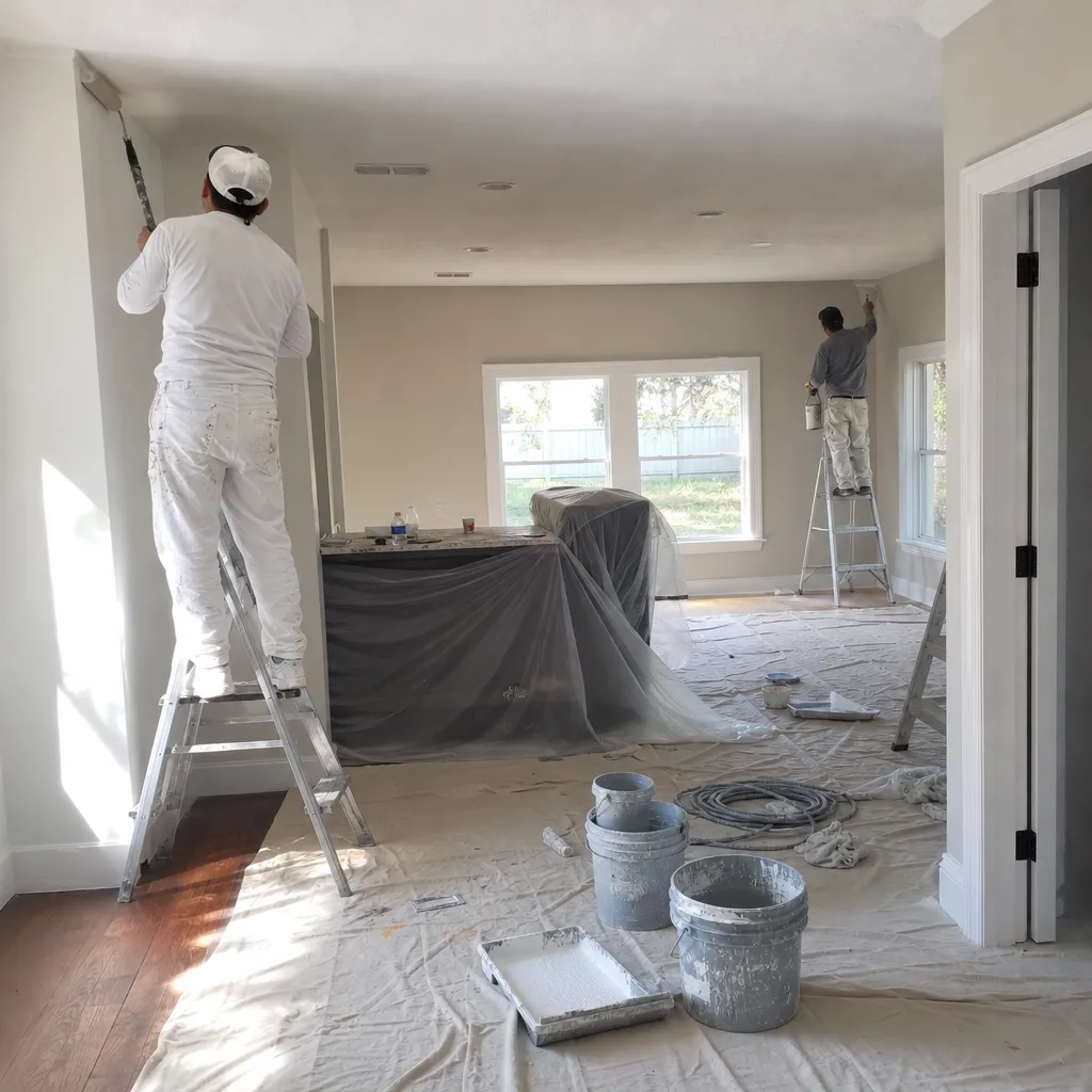Two professional painters working on a residential home renovation interior